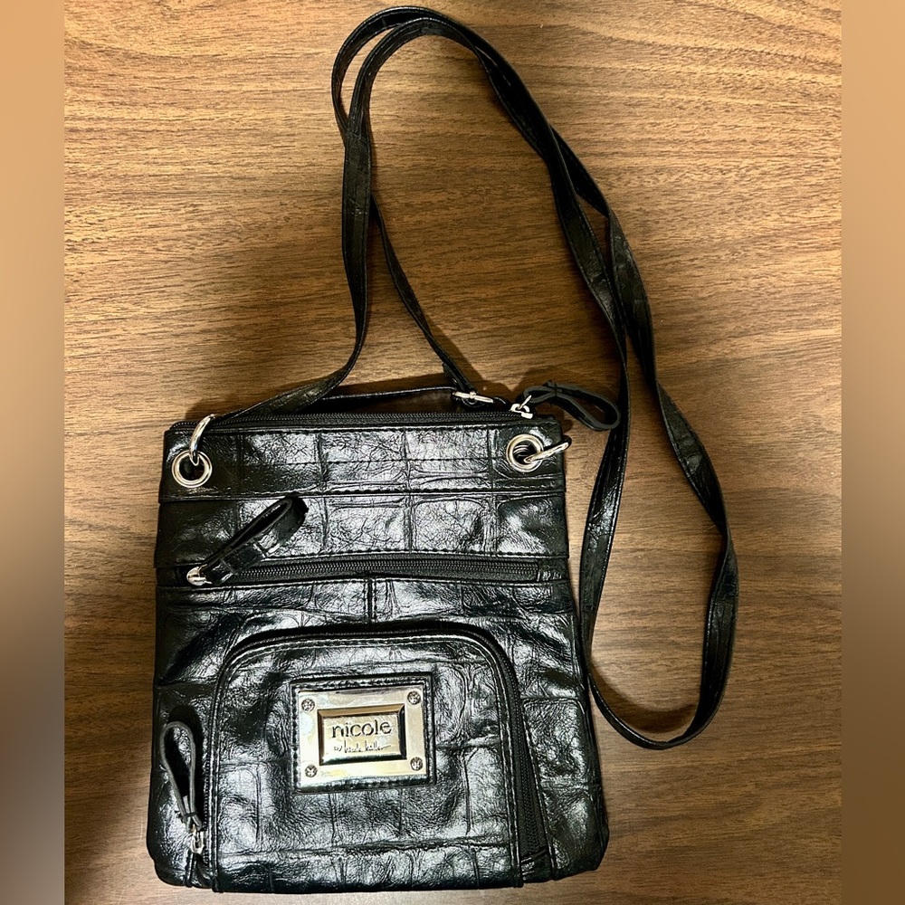 Nicole Miller Faux Leather Crossbody Purse –‎ Black, Multi‑Pocket